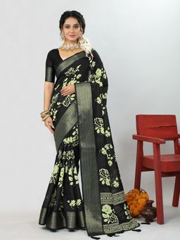 Akhilam - Dola Silk Black Printed Designer Saree With Blouse Piece