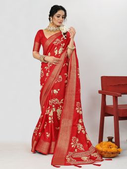 Akhilam - Dola Silk Red Printed Designer Saree With Blouse Piece