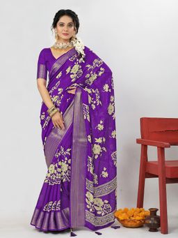 Akhilam - Dola Silk Purple Printed Designer Saree With Blouse Piece