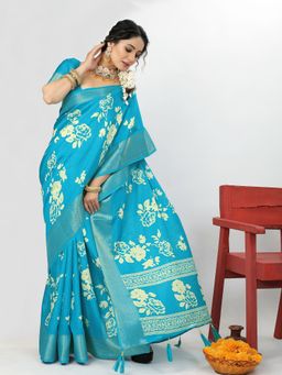 Akhilam - Dola Silk Blue Printed Designer Saree With Blouse Piece