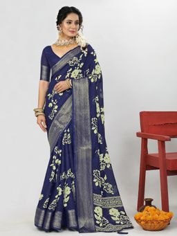 Akhilam - Dola Silk Navy Blue Printed Designer Saree With Blouse Piece