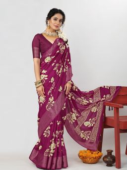 Akhilam - Dola Silk Magenta Printed Designer Saree With Blouse Piece