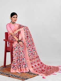 Akhilam - Dola Silk Pink Printed Designer Saree With Blouse Piece