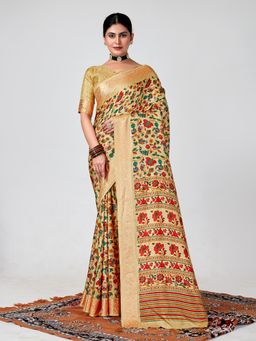Akhilam - Dola Silk Yellow Printed Designer Saree With Blouse Piece