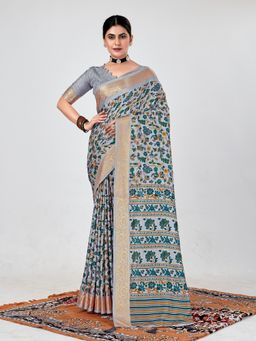 Akhilam - Dola Silk Grey Printed Designer Saree With Blouse Piece