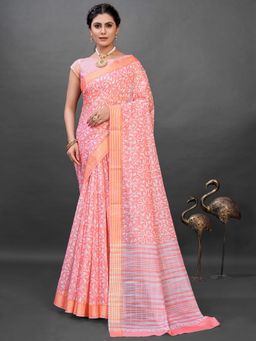 Akhilam - Soft Silk Peach Printed Designer Saree With Blouse Piece