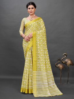 Akhilam - Soft Silk Lemon Yellow Printed Designer Saree With Blouse Piece