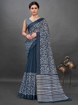 Akhilam - Soft Silk Navy Blue Printed Designer Saree With Blouse Piece