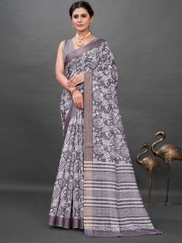 Akhilam - Soft Silk Grey Printed Designer Saree With Blouse Piece