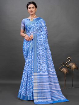 Akhilam - Soft Silk Blue Printed Designer Saree With Blouse Piece