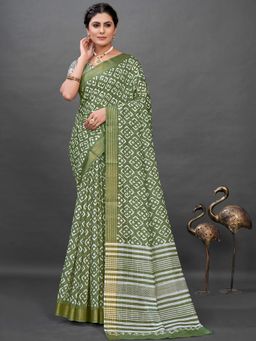 Akhilam - Soft Silk Olive Printed Designer Saree With Blouse Piece