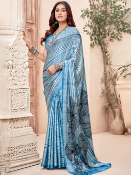 Akhilam - Crepe Blue Digital Print Designer Saree With Blouse Piece
