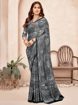 Akhilam - Crepe Black Digital Print Designer Saree With Blouse Piece