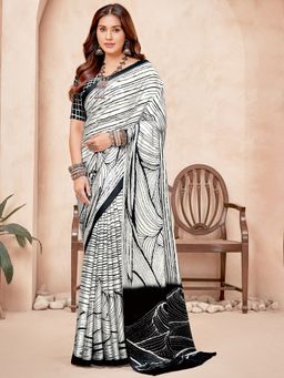 Akhilam - Crepe White Digital Print Designer Saree With Blouse Piece