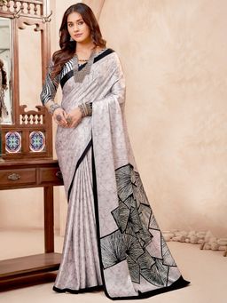 Akhilam - Crepe White Digital Print Designer Saree With Blouse Piece
