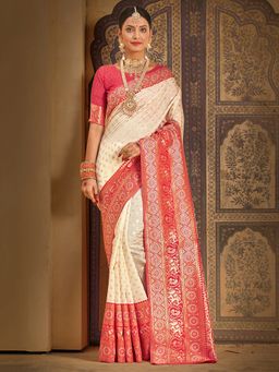 Akhilam - Womens Silk Blend Cream Woven Designer Saree with Unstitched Blouse