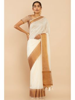 Soch - Women Beige Chanderi Solid & Plain Saree with Unstitched Blouse