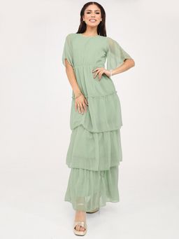 Styli - Green Short Sleeves Ruffle Detail Tiered Maxi Dress