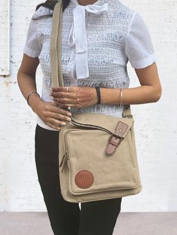 Mona B - Unisex Beige Canvas Messenger Crossbody Bag (S)