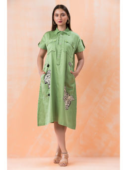 Sacred Suta - Green Knee Length Designer Patchwork Dress