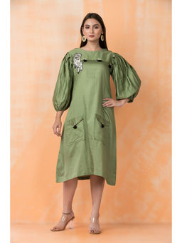 Sacred Suta - Green Knee Length Designer Cotton Dress