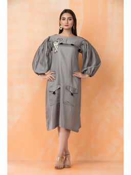 Sacred Suta - Grey Knee Length Designer Cotton Dress