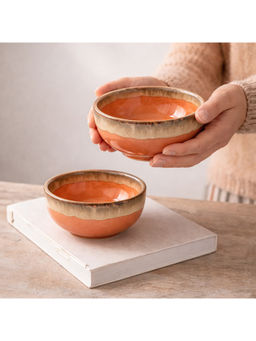BRINNS - Sunburst Orange Glazed Ceramic Microwave Safe 2 Bowls - 375 Ml
