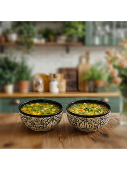 BRINNS - Kalamkari Cream-Black Print Ceramic Microwave Safe Bowls - 400 Ml