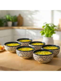 BRINNS - Kalamkari Cream-Black Print Ceramic Microwave Safe Bowls - 400 Ml