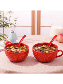 BRINNS - Capiz Red Glazed Ceramic Microwave Safe Bowls with Spoons - 350 Ml
