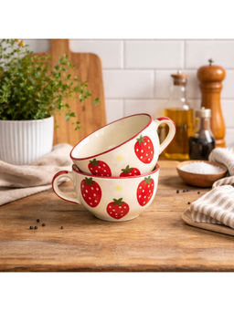 BRINNS - Strawberry Red-Cream Print Ceramic Microwave Safe Bowls - 400 Ml