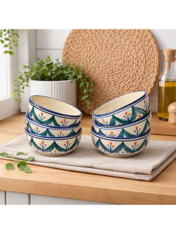 BRINNS - Foral Green-Orange Print Ceramic Microwave Safe Bowls - 220 Ml