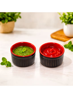 BRINNS - Ribbed Black-Red Glazed Ceramic Microwave Safe Dip Bowls - 180 Ml