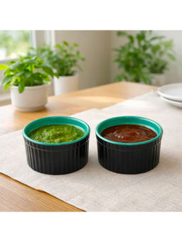 BRINNS - Ribbed Black-Teal Glazed Ceramic Microwave Safe Dip Bowls - 180 Ml