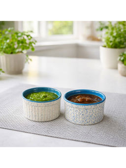 BRINNS - Ribbed White-Blue Glazed Ceramic Microwave Safe Dip Bowls - 180 Ml