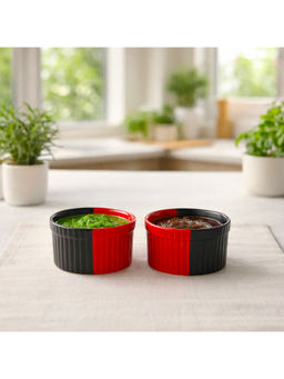 BRINNS - Ribbed Black-Red Glazed Ceramic Microwave Safe Dip Bowls - 180 Ml