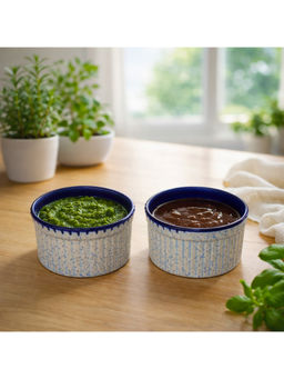 BRINNS - Ribbed White-Blue Glazed Ceramic Microwave Safe Dip Bowls - 180 Ml