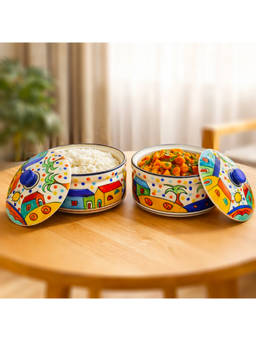 BRINNS - The Hut Multicolour Print Ceramic Microwave Safe Serving Bowls with Lids - 1250 Ml