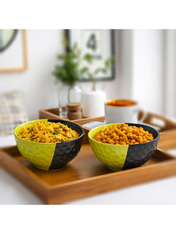 BRINNS - Hammered Green-Black Glazed Ceramic Microwave Safe Bowls - 350 Ml