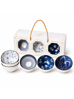 YELONA - Ceramic Bowl Set Of 6 With Gift Box, 300Ml Blue Floral Bowls (Blue Ember)