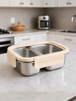 YELONA - 600Ml 316L Steel Lunch Box, Leakproof 2-Compartment Bento Tiffin, Beige