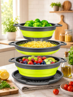 YELONA - Foldable Kitchen Colander With Draining Tray, Silicone Wash Basket