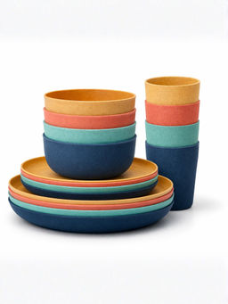 YELONA - Set Of 16 Wheat Straw Dinnerware Bpa Free, Microwave Safe, Multicolour
