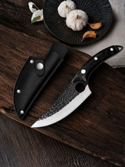 YELONA - Forged Utility Knife, Damascus Blade, Grip Handle With Sheath, Black