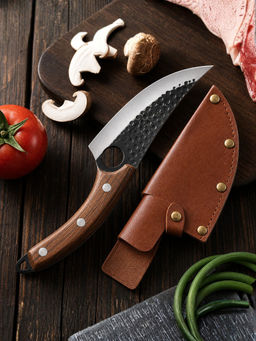 YELONA - Forged Utility Knife, Damascus Blade, Grip Handle With Sheath, Brown