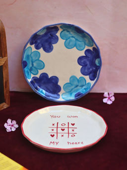 WEAVING HOMES - Set Of 2 - You Won My Heart & Floral Blue Combo Serving Plates