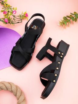XE Looks - Black Comfortable Stylish and Fancy Ankle Strap-Wedges