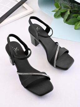 XE Looks - Black Rhinestone Strap Soft Cushioned Block Heel Sandal