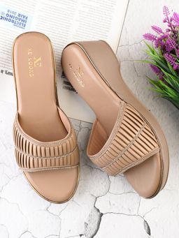 XE Looks - Beige Classic Broad Pleated Strap with Subtle Embellishment Wedges