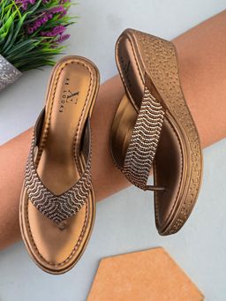 XE Looks - Copper Thong Sandal Pleated Upper Strap Wedges
